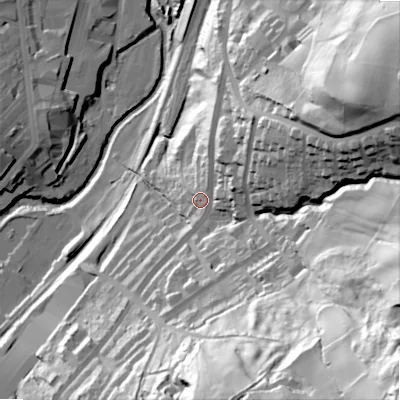 Shaded relief map of the ground around BD215NF, computed from Environment Agency LiDAR. The ground here sits at about 128 m above sea level and falls 130 m across the surrounding 800 m. Surface water reaching this point runs off ground lying to the north-north-east, 20.5 m higher.
