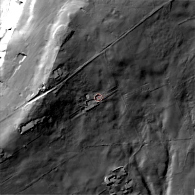 Shaded relief map of the ground around BD215QF, computed from Environment Agency LiDAR. The ground here sits at about 263 m above sea level and falls 82 m across the surrounding 800 m. Surface water reaching this point runs off ground lying to the north-west, 31.7 m higher.