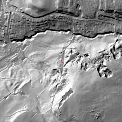 Shaded relief map of the ground around BD215QY, computed from Environment Agency LiDAR. The ground here sits at about 197 m above sea level and falls 143 m across the surrounding 800 m. Surface water reaching this point runs off ground lying to the south-south-east, 73.9 m higher.
