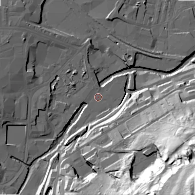Shaded relief map of the ground around BD215RN, computed from Environment Agency LiDAR. The ground here sits at about 98 m above sea level and falls 113 m across the surrounding 800 m. Surface water reaching this point runs off ground lying to the south-south-east, 71.1 m higher.