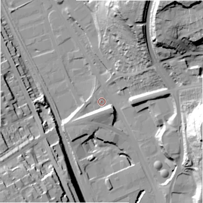 Shaded relief map of the ground around BD21AA, computed from Environment Agency LiDAR. The ground here sits at about 90 m above sea level and falls 56 m across the surrounding 800 m. Surface water reaching this point runs off ground lying to the south-south-west, 7.0 m higher.