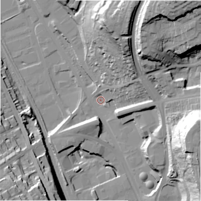 Shaded relief map of the ground around BD21AB, computed from Environment Agency LiDAR. The ground here sits at about 89 m above sea level and falls 61 m across the surrounding 800 m. Surface water reaching this point runs off ground lying to the east-north-east, 15.7 m higher.