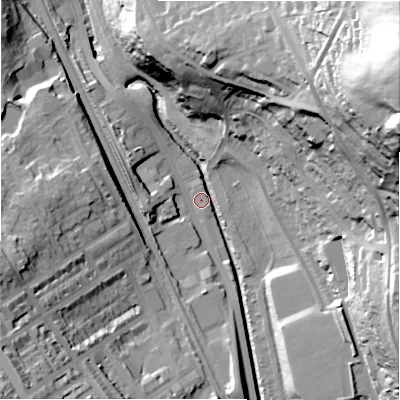 Shaded relief map of the ground around BD21AG, computed from Environment Agency LiDAR. The ground here sits at about 77 m above sea level and falls 96 m across the surrounding 800 m. Surface water reaching this point runs off ground lying to the north-east, 94.7 m higher.