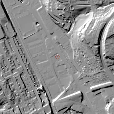 Shaded relief map of the ground around BD21AL, computed from Environment Agency LiDAR. The ground here sits at about 87 m above sea level and falls 59 m across the surrounding 800 m. Surface water reaching this point runs off ground lying to the south-south-east, 10.6 m higher.