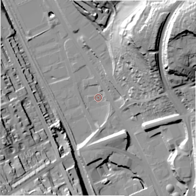 Shaded relief map of the ground around BD21AN, computed from Environment Agency LiDAR. The ground here sits at about 87 m above sea level and falls 62 m across the surrounding 800 m. Surface water reaching this point runs off ground lying to the south-east, 10.5 m higher.