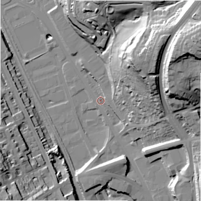 Shaded relief map of the ground around BD21AP, computed from Environment Agency LiDAR. The ground here sits at about 88 m above sea level and falls 63 m across the surrounding 800 m. Surface water reaching this point runs off ground lying to the north-east, 55.9 m higher.
