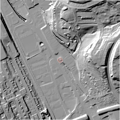 Shaded relief map of the ground around BD21AR, computed from Environment Agency LiDAR. The ground here sits at about 89 m above sea level and falls 61 m across the surrounding 800 m. Surface water reaching this point runs off ground lying to the north-east, 50.6 m higher.
