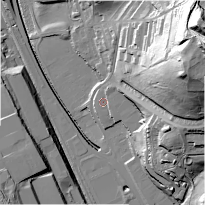 Shaded relief map of the ground around BD21AS, computed from Environment Agency LiDAR. The ground here sits at about 89 m above sea level and falls 102 m across the surrounding 800 m. Surface water reaching this point runs off ground lying to the east, 10.3 m higher.