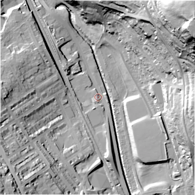Shaded relief map of the ground around BD21AU, computed from Environment Agency LiDAR. The ground here sits at about 79 m above sea level and falls 97 m across the surrounding 800 m. Surface water reaching this point runs off ground lying to the south, 9.8 m higher.