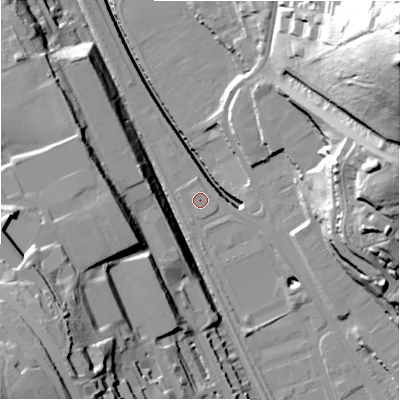 Shaded relief map of the ground around BD21AZ, computed from Environment Agency LiDAR. The ground here sits at about 86 m above sea level and falls 85 m across the surrounding 800 m. Surface water reaching this point runs off ground lying to the east-south-east, 1.2 m higher.