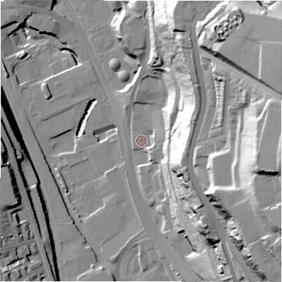 Shaded relief map of the ground around BD21FA, computed from Environment Agency LiDAR. The ground here sits at about 92 m above sea level and falls 75 m across the surrounding 800 m. Surface water reaching this point runs off ground lying to the north-east, 42.0 m higher.
