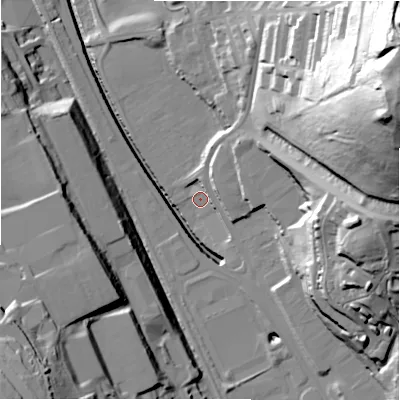 Shaded relief map of the ground around BD21FT, computed from Environment Agency LiDAR. The ground here sits at about 83 m above sea level and falls 90 m across the surrounding 800 m. Surface water reaching this point runs off ground lying to the east-north-east, 83.5 m higher.