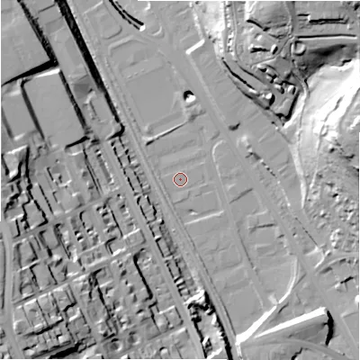 Shaded relief map of the ground around BD21QJ, computed from Environment Agency LiDAR. The ground here sits at about 87 m above sea level and falls 51 m across the surrounding 800 m. Surface water reaching this point runs off ground lying to the south-south-west, 1.1 m higher.