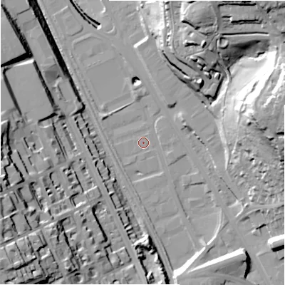 Shaded relief map of the ground around BD21QN, computed from Environment Agency LiDAR. The ground here sits at about 87 m above sea level and falls 52 m across the surrounding 800 m. Surface water reaching this point runs off ground lying to the south-south-east, 10.2 m higher.