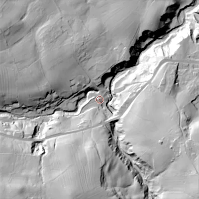 Shaded relief map of the ground around BD220DB, computed from Environment Agency LiDAR. The ground here sits at about 197 m above sea level and falls 88 m across the surrounding 800 m. Surface water reaching this point runs off ground lying to the south-west, 70.5 m higher.