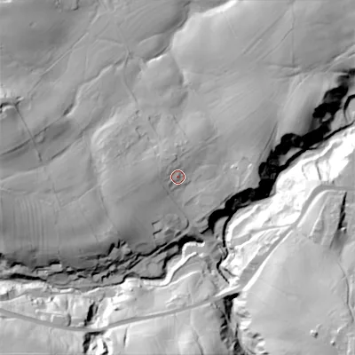 Shaded relief map of the ground around BD220DF, computed from Environment Agency LiDAR. The ground here sits at about 208 m above sea level and falls 66 m across the surrounding 800 m. Surface water reaching this point runs off ground lying to the west, 7.1 m higher.