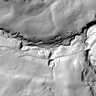 Shaded relief map of the ground around BD220DH, computed from Environment Agency LiDAR. The ground here sits at about 200 m above sea level and falls 94 m across the surrounding 800 m. Surface water reaching this point runs off ground lying to the south-west, 80.1 m higher.