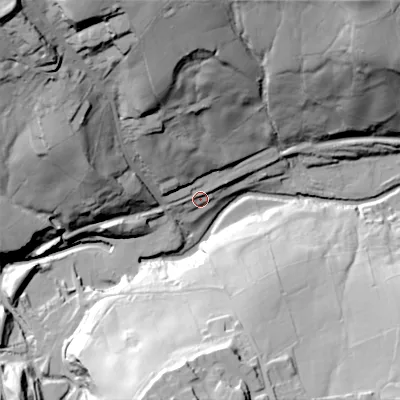 Shaded relief map of the ground around BD220DZ, computed from Environment Agency LiDAR. The ground here sits at about 152 m above sea level and falls 81 m across the surrounding 800 m. Surface water reaching this point runs off ground lying to the north-west, 65.6 m higher.