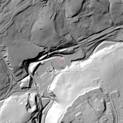 Shaded relief map of the ground around BD220EB, computed from Environment Agency LiDAR. The ground here sits at about 149 m above sea level and falls 73 m across the surrounding 800 m. Surface water reaching this point runs off ground lying to the south-south-east, 40.5 m higher.