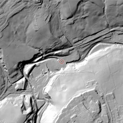 Shaded relief map of the ground around BD220ED, computed from Environment Agency LiDAR. The ground here sits at about 149 m above sea level and falls 73 m across the surrounding 800 m. Surface water reaching this point runs off ground lying to the south-south-east, 68.0 m higher.