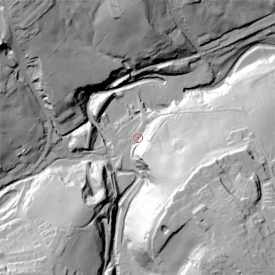Shaded relief map of the ground around BD220EE, computed from Environment Agency LiDAR. The ground here sits at about 155 m above sea level and falls 74 m across the surrounding 800 m. Surface water reaching this point runs off ground lying to the south-east, 53.2 m higher.