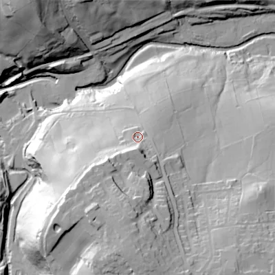 Shaded relief map of the ground around BD220EF, computed from Environment Agency LiDAR. The ground here sits at about 186 m above sea level and falls 77 m across the surrounding 800 m. Surface water reaching this point runs off ground lying to the south, 13.1 m higher.