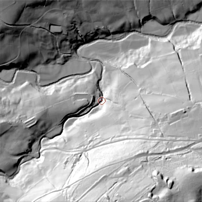 Shaded relief map of the ground around BD220EU, computed from Environment Agency LiDAR. The ground here sits at about 186 m above sea level and falls 119 m across the surrounding 800 m. Surface water reaching this point runs off ground lying to the south-south-east, 105.8 m higher.