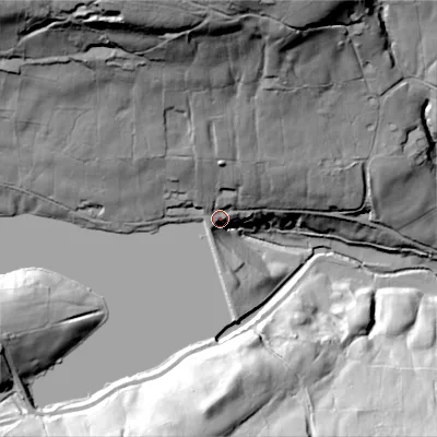 Shaded relief map of the ground around BD220JR, computed from Environment Agency LiDAR. The ground here sits at about 234 m above sea level and falls 95 m across the surrounding 800 m. Surface water reaching this point runs off ground lying to the north, 79.7 m higher.