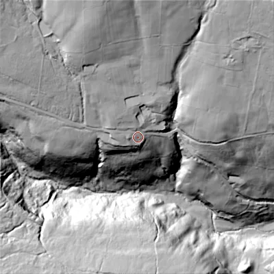 Shaded relief map of the ground around BD220LF, computed from Environment Agency LiDAR. The ground here sits at about 308 m above sea level and falls 110 m across the surrounding 800 m. Surface water reaching this point runs off ground lying to the north-north-west, 44.6 m higher.