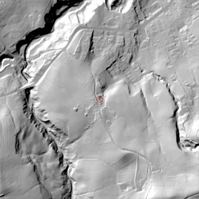 Shaded relief map of the ground around BD220NW, computed from Environment Agency LiDAR. The ground here sits at about 231 m above sea level and falls 111 m across the surrounding 800 m. Surface water reaching this point runs off ground lying to the south-east, 29.5 m higher.
