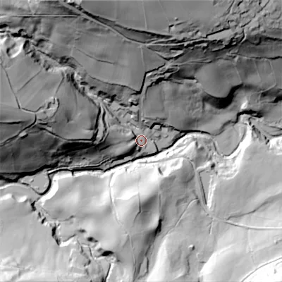 Shaded relief map of the ground around BD220PD, computed from Environment Agency LiDAR. The ground here sits at about 182 m above sea level and falls 97 m across the surrounding 800 m. Surface water reaching this point runs off ground lying to the north-north-west, 80.3 m higher.