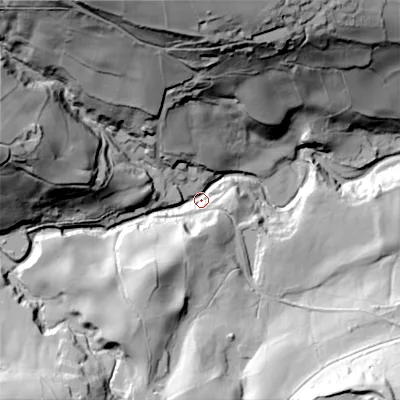 Shaded relief map of the ground around BD220PF, computed from Environment Agency LiDAR. The ground here sits at about 175 m above sea level and falls 94 m across the surrounding 800 m. Surface water reaching this point runs off ground lying to the north, 83.2 m higher.