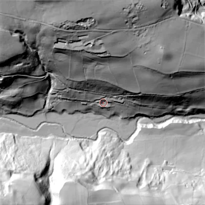 Shaded relief map of the ground around BD220QA, computed from Environment Agency LiDAR. The ground here sits at about 213 m above sea level and falls 124 m across the surrounding 800 m. Surface water reaching this point runs off ground lying to the north, 79.5 m higher.