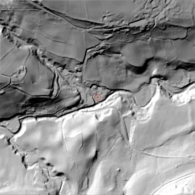 Shaded relief map of the ground around BD220QF, computed from Environment Agency LiDAR. The ground here sits at about 177 m above sea level and falls 98 m across the surrounding 800 m. Surface water reaching this point runs off ground lying to the north-north-west, 86.8 m higher.