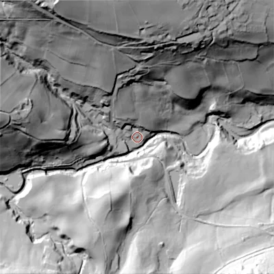 Shaded relief map of the ground around BD220QG, computed from Environment Agency LiDAR. The ground here sits at about 179 m above sea level and falls 101 m across the surrounding 800 m. Surface water reaching this point runs off ground lying to the north, 85.0 m higher.