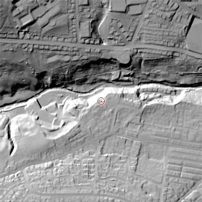 Shaded relief map of the ground around BD226BJ, computed from Environment Agency LiDAR. The ground here sits at about 147 m above sea level and falls 80 m across the surrounding 800 m. Surface water reaching this point runs off ground lying to the south-west, 15.1 m higher.