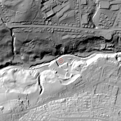 Shaded relief map of the ground around BD226BN, computed from Environment Agency LiDAR. The ground here sits at about 137 m above sea level and falls 84 m across the surrounding 800 m. Surface water reaching this point runs off ground lying to the north-west, 64.7 m higher.