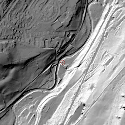 Shaded relief map of the ground around BD227AR, computed from Environment Agency LiDAR. The ground here sits at about 129 m above sea level and falls 158 m across the surrounding 800 m. Surface water reaching this point runs off ground lying to the south-east, 153.8 m higher.