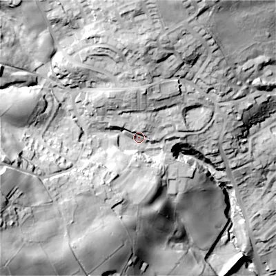 Shaded relief map of the ground around BD227NX, computed from Environment Agency LiDAR. The ground here sits at about 228 m above sea level and falls 91 m across the surrounding 800 m. Surface water reaching this point runs off ground lying to the west-south-west, 43.2 m higher.