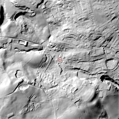 Shaded relief map of the ground around BD227PR, computed from Environment Agency LiDAR. The ground here sits at about 234 m above sea level and falls 84 m across the surrounding 800 m. Surface water reaching this point runs off ground lying to the west-south-west, 47.5 m higher.