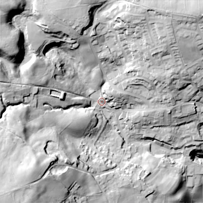Shaded relief map of the ground around BD227PU, computed from Environment Agency LiDAR. The ground here sits at about 239 m above sea level and falls 72 m across the surrounding 800 m. Surface water reaching this point runs off ground lying to the west-north-west, 45.0 m higher.