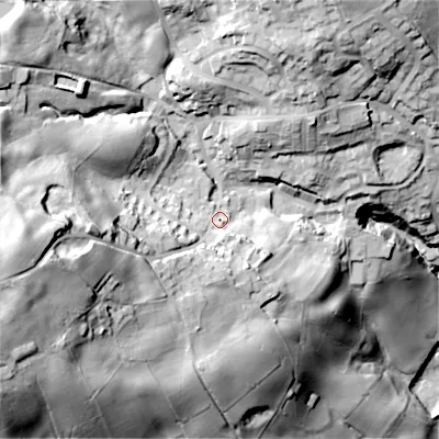 Shaded relief map of the ground around BD227PX, computed from Environment Agency LiDAR. The ground here sits at about 235 m above sea level and falls 89 m across the surrounding 800 m. Surface water reaching this point runs off ground lying to the west, 47.8 m higher.