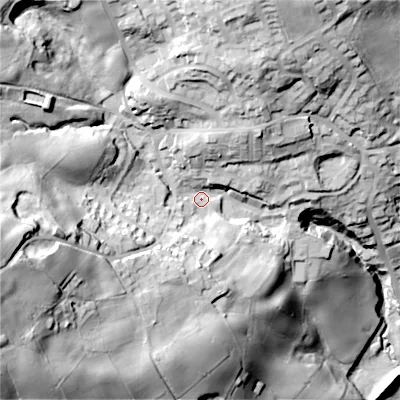 Shaded relief map of the ground around BD227QH, computed from Environment Agency LiDAR. The ground here sits at about 230 m above sea level and falls 94 m across the surrounding 800 m. Surface water reaching this point runs off ground lying to the west-south-west, 50.2 m higher.