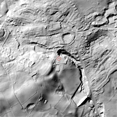 Shaded relief map of the ground around BD227QL, computed from Environment Agency LiDAR. The ground here sits at about 226 m above sea level and falls 90 m across the surrounding 800 m. Surface water reaching this point runs off ground lying to the north, 35.0 m higher.