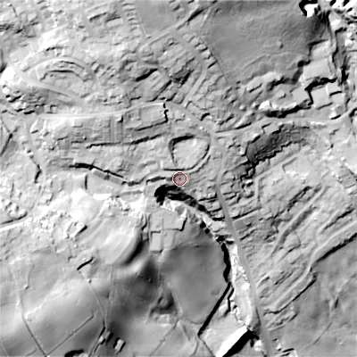 Shaded relief map of the ground around BD227QN, computed from Environment Agency LiDAR. The ground here sits at about 228 m above sea level and falls 93 m across the surrounding 800 m. Surface water reaching this point runs off ground lying to the north-north-west, 6.3 m higher.