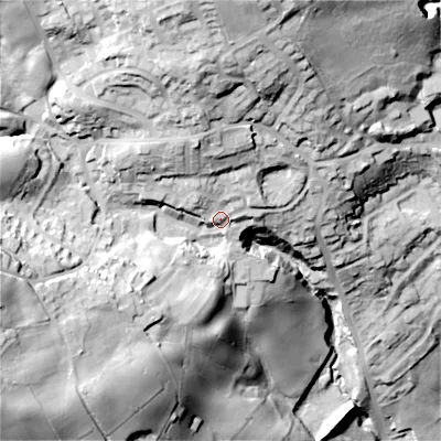 Shaded relief map of the ground around BD227QP, computed from Environment Agency LiDAR. The ground here sits at about 230 m above sea level and falls 88 m across the surrounding 800 m. Surface water reaching this point runs off ground lying to the north, 41.1 m higher.