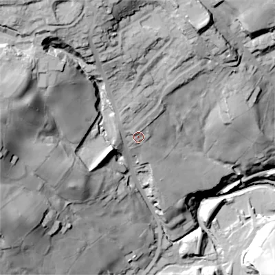 Shaded relief map of the ground around BD227QY, computed from Environment Agency LiDAR. The ground here sits at about 191 m above sea level and falls 94 m across the surrounding 800 m. Surface water reaching this point runs off ground lying to the north, 10.3 m higher.