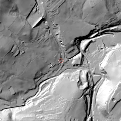 Shaded relief map of the ground around BD227QZ, computed from Environment Agency LiDAR. The ground here sits at about 162 m above sea level and falls 89 m across the surrounding 800 m. Surface water reaching this point runs off ground lying to the north-west, 53.4 m higher.
