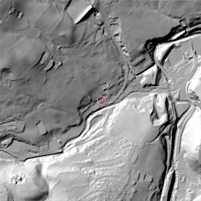 Shaded relief map of the ground around BD227RA, computed from Environment Agency LiDAR. The ground here sits at about 159 m above sea level and falls 95 m across the surrounding 800 m. Surface water reaching this point runs off ground lying to the north-west, 32.1 m higher.