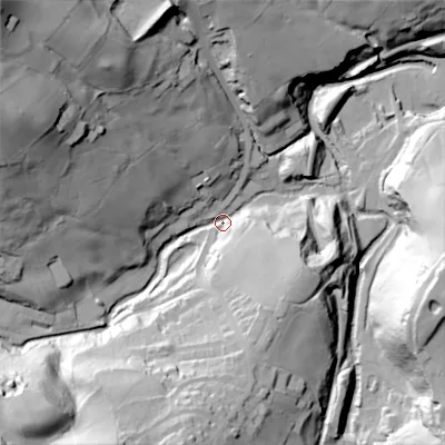 Shaded relief map of the ground around BD227RD, computed from Environment Agency LiDAR. The ground here sits at about 155 m above sea level and falls 85 m across the surrounding 800 m. Surface water reaching this point runs off ground lying to the north-west, 76.3 m higher.